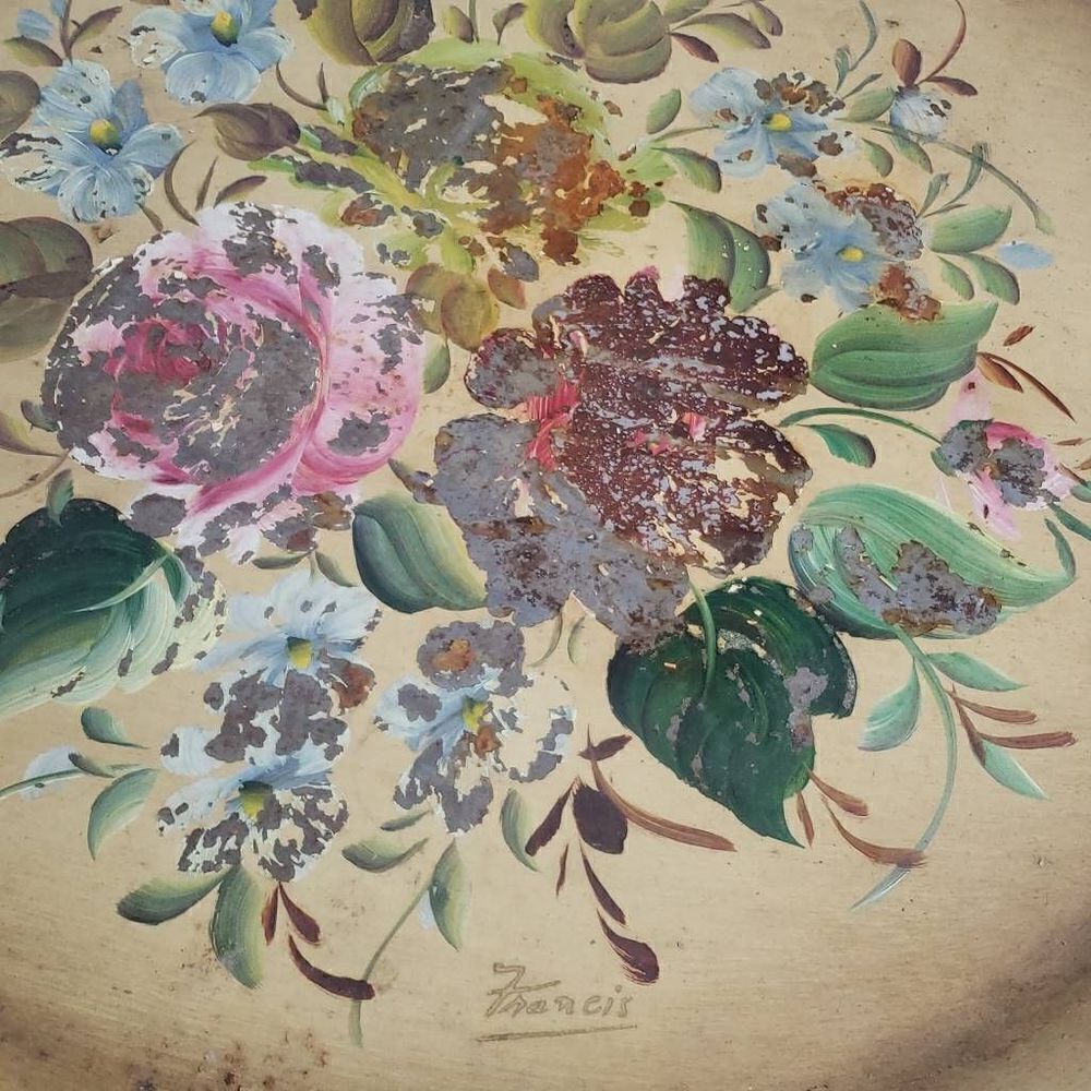 Vintage Nashco Tan and Floral Rustic Round Tray - Picture 3 of 13